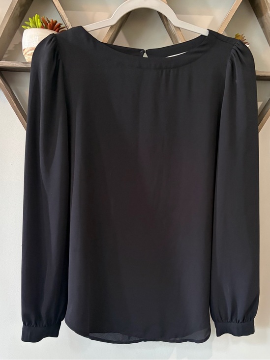 LOFT Tops - Loft black long-sleeve blouse puff shoulders back button keyhole closure Size XS